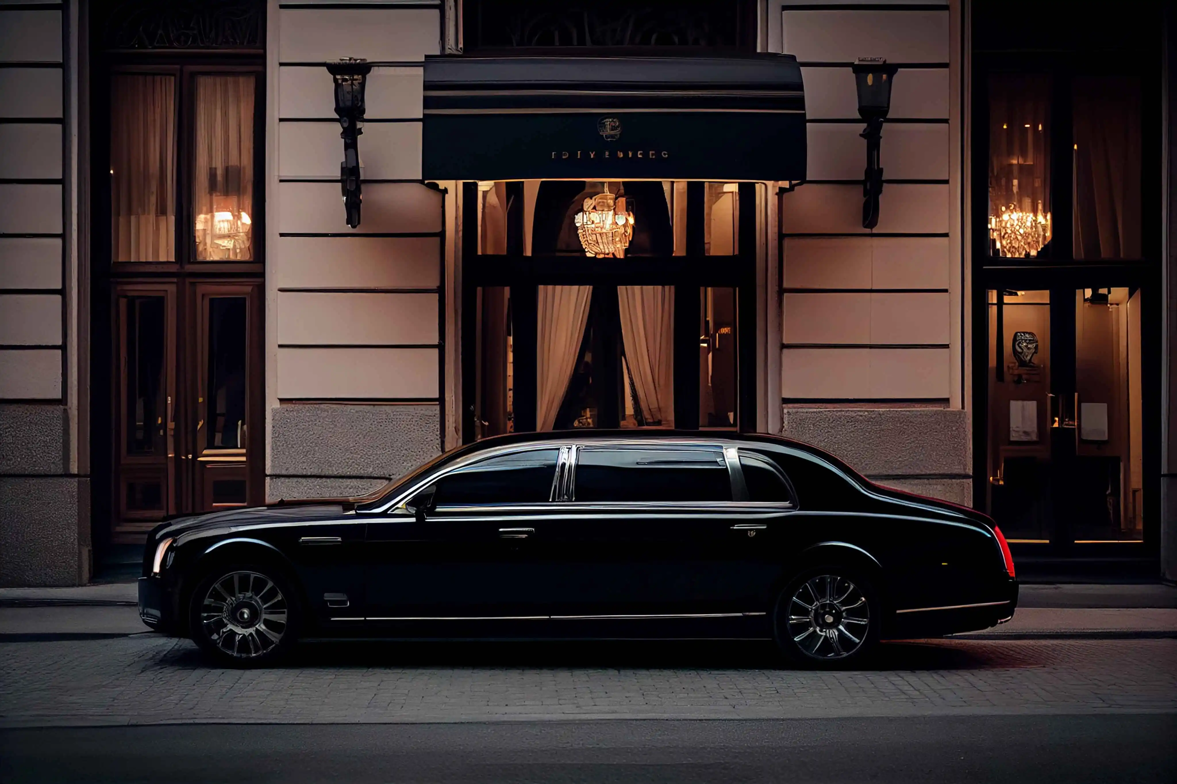 Black limousine waiting at a lit hotel entrance